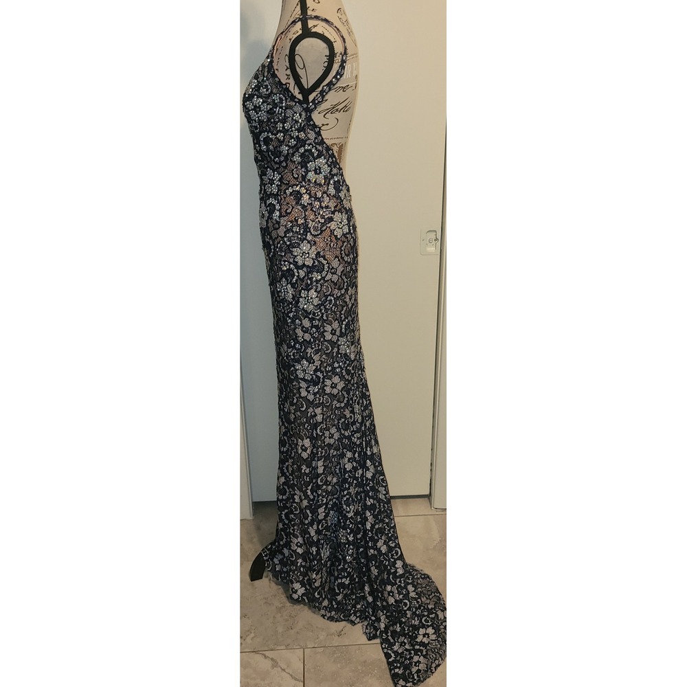 Jovani Navy Blue Lace Open Back Mermaid Prom Gown Silver Rhinestones Fitted sz 4 - Picture 10 of 16